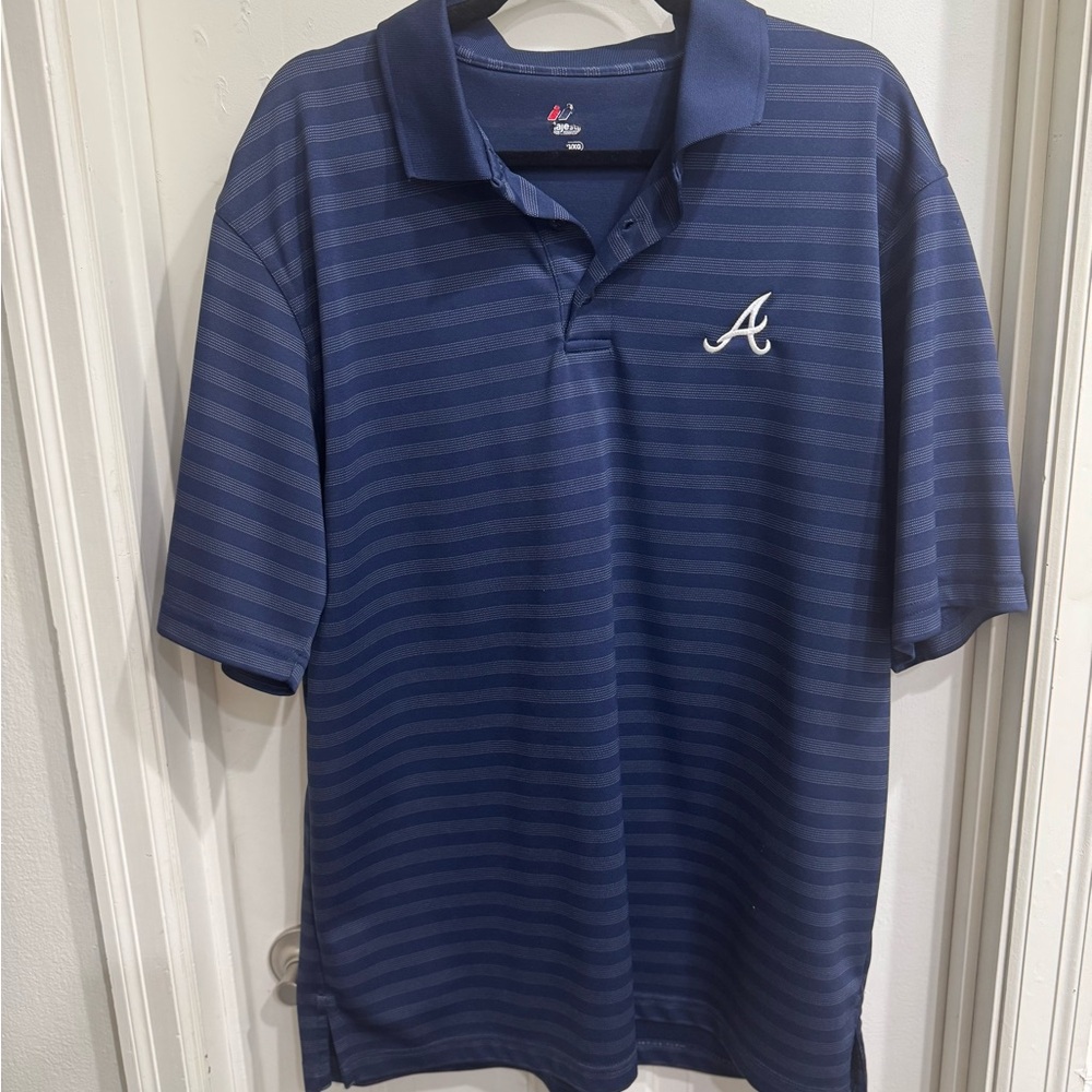Majestic Navy Atlanta Braves Polo Shirt Classic Striped Design